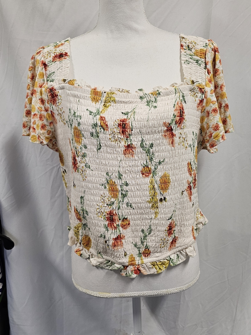 torrid White Floral Smocked Square-Neck Crop Top